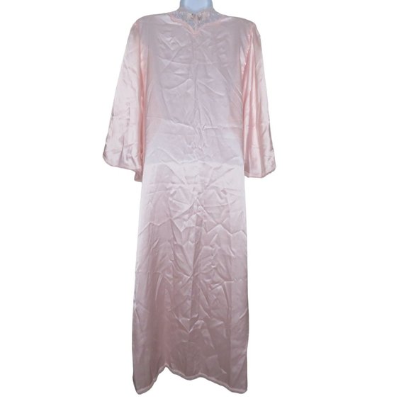 Vintage Full Length Satin Dressing Gown Robe L Pink Lace Belted Bell Sleeve NEW - Picture 9 of 10